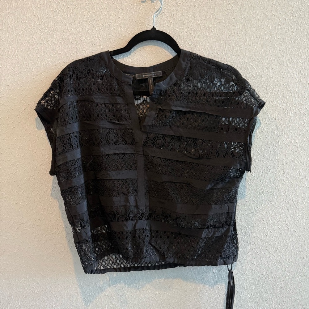 BCBGMaxAzria Black Sheer Lace Blouse